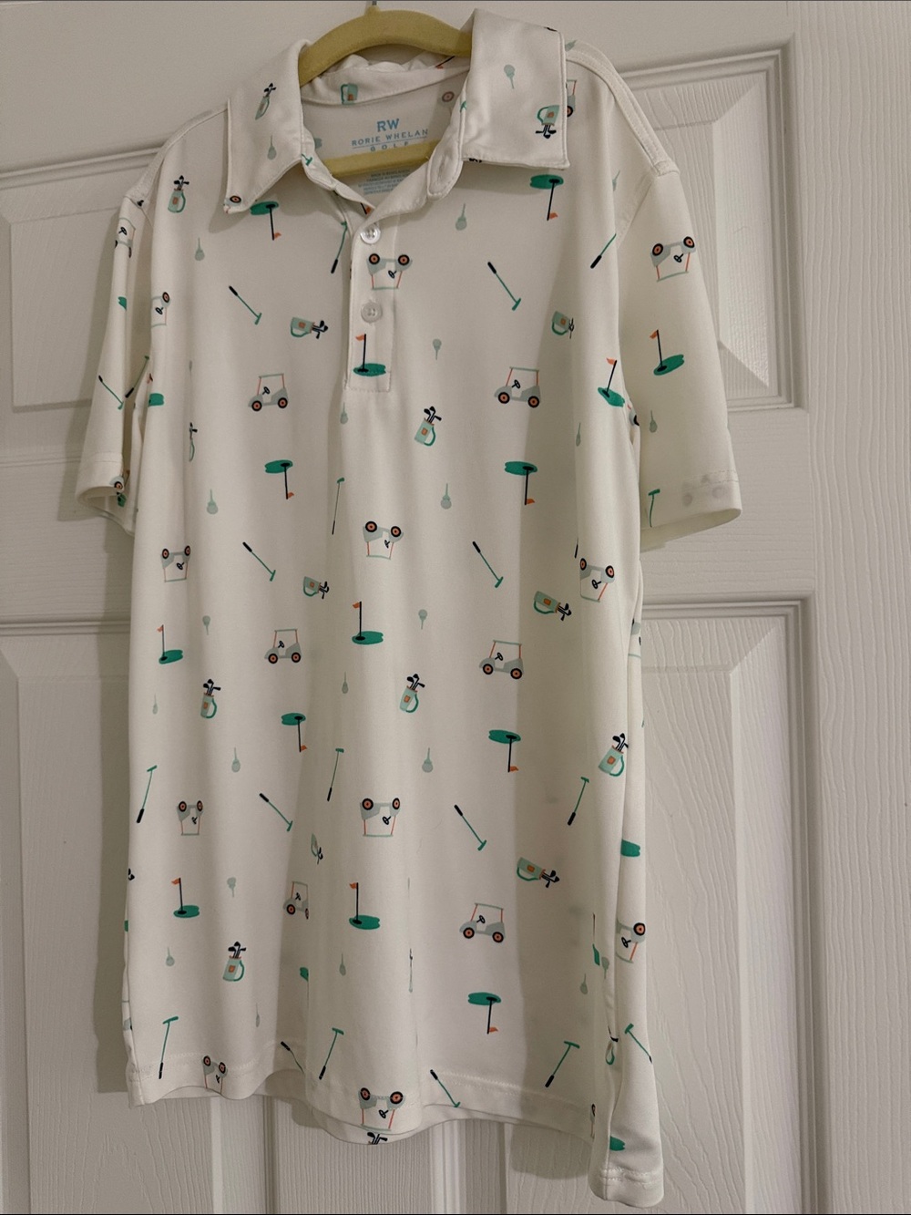 RW Kids' Golf-Print Polo in White with Green Accents